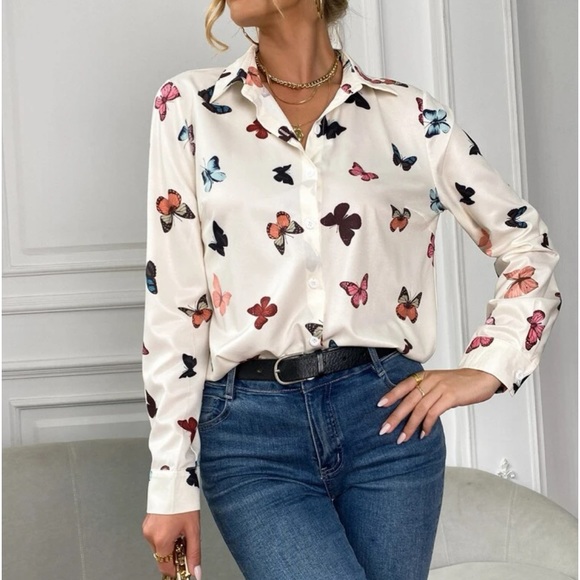 Classic Butterfly Print Button Down Up Shirt Top Blouse - Picture 3 of 6